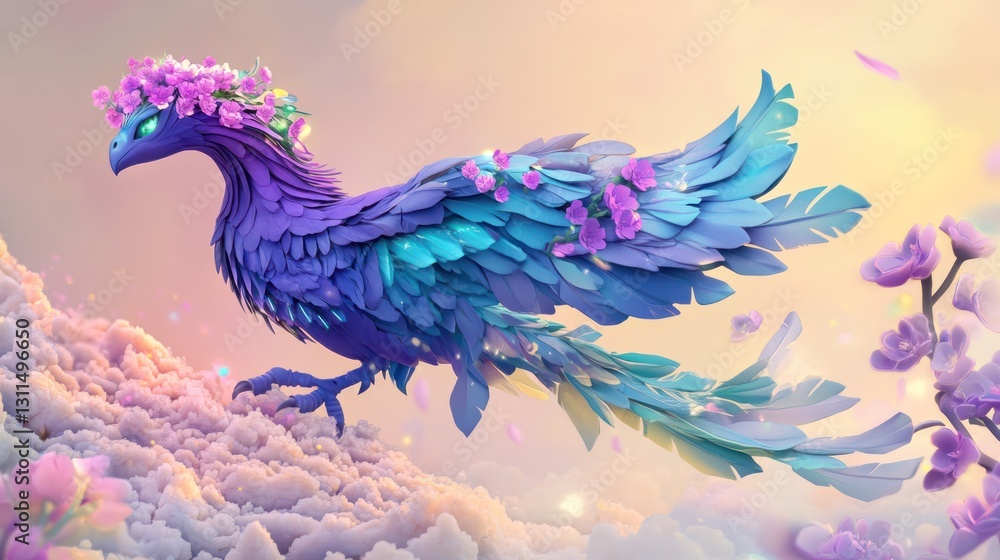 Fototapeta premium Fantasy bird, flower crown, cloudscape, sunrise, digital art