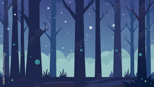 Whimsical Starry Grove A serene forest scene featuring tall slender trees with branches adorned with tiny glowing stars instead of leaves. The ground is dappled with soft moonlight