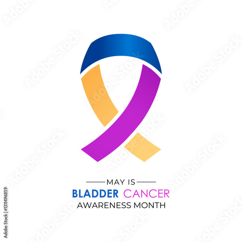 Bladder Cancer Awareness Month is observed every year in May to raise awareness about bladder cancer. Yellow, purple and blue mixed colour cancer awareness Realistic ribbon. Banner design template.