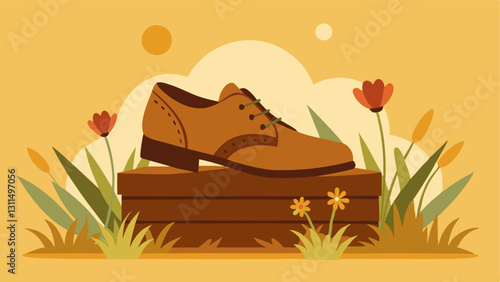 Vintage Aesthetic A pair of classic leather shoes worn and weathered sits atop an old wooden crate. The deep brown color of the shoes complements a mix of wildflowers and tall