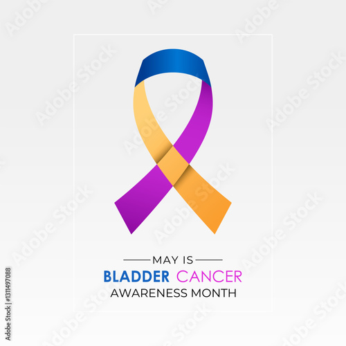 Bladder Cancer Awareness Month is observed every year in May to raise awareness about bladder cancer. Yellow, purple and blue mixed colour cancer awareness Realistic ribbon. Banner design template.