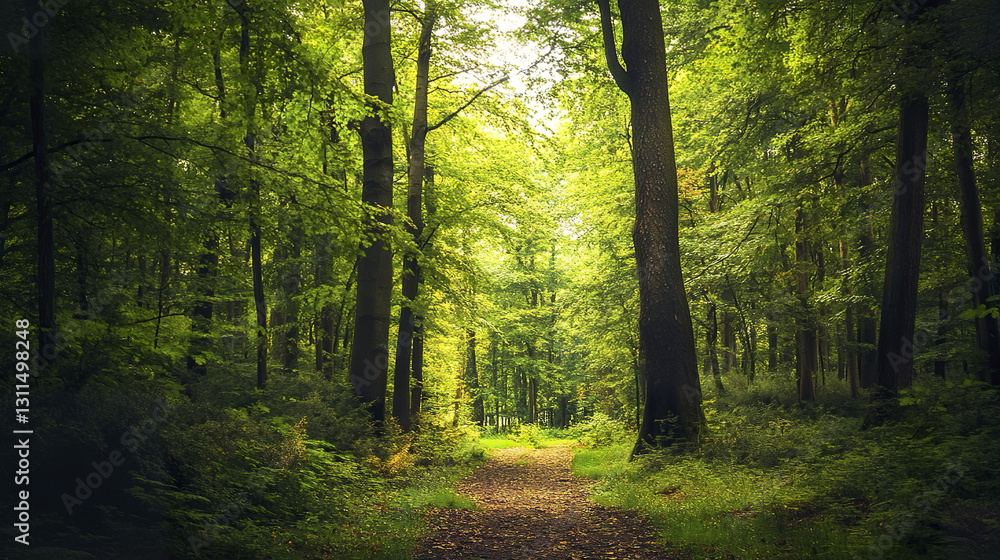 Lush green forest path illuminated by warm sunlight Lush green forest path illuminated by warm sunlight