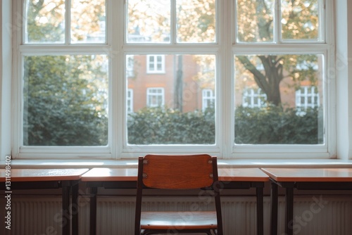 Sunlit room features solitary chair by large window overlooking