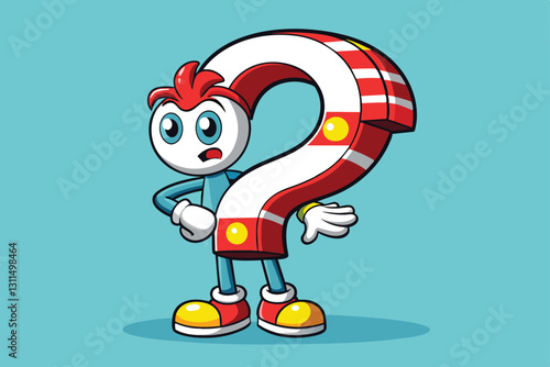 A playful cartoon character stands next to a large question mark, inviting curiosity and engagement, Questions Customizable Cartoon Illustration