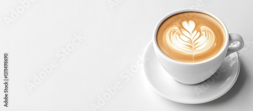 Cappuccino in a white cup with heart-shaped latte art on light grey background, positioned to the right, elegantly displayed on a white saucer.