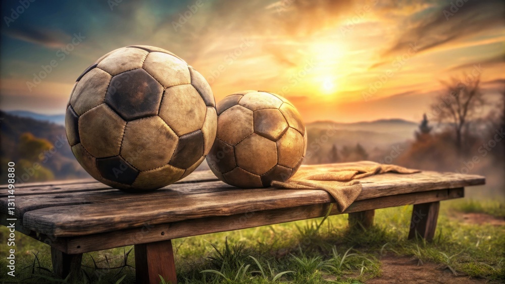 Fototapeta premium Rustic wooden bench with worn leather footballs at sunset, peaceful autumn landscape