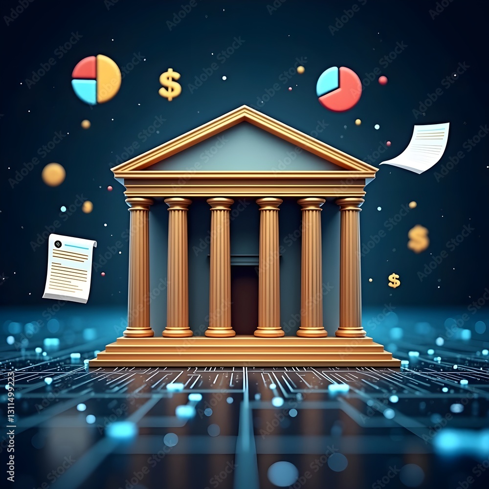 A futuristic digital banking concept featuring an automated financial platform emerging with a sleek interface, symbolizing modern loan processing and financial transactions.