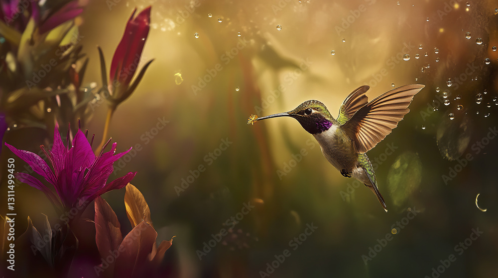 Fototapeta premium Hummingbird in flight near vibrant flowers with glowing background