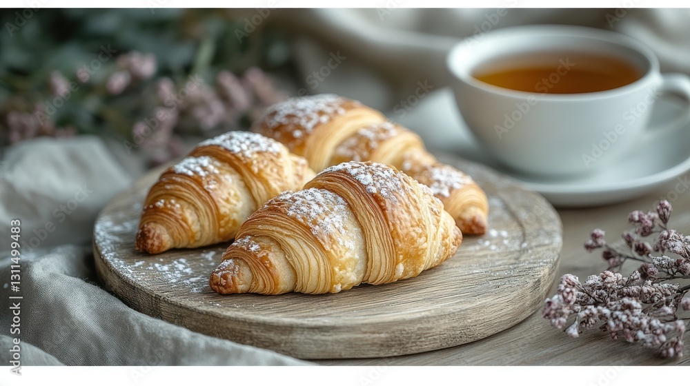 Fresh croissants on wooden board with tea, floral background Fresh croissants on wooden board with tea, floral background