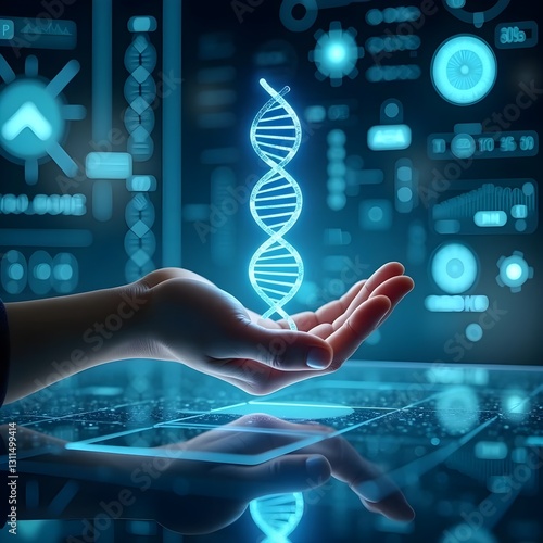Obraz na płótnie A futuristic hand delicately holds a glowing DNA strand, surrounded by advanced medical technology and biotechnology-inspired holographic elements.
w salonie
