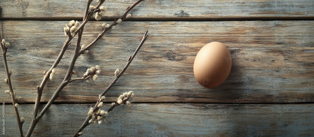 Single brown egg resting on rustic wooden surface next to a slender willow branch with buds on the left side, creating a natural spring ambiance. Single brown egg resting on rustic wooden surface next to a slender willow branch with buds on the left side, creating a natural spring ambiance.