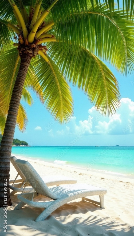 White wicker chairs under palm trees, soft sand , palm trees, comfort White wicker chairs under palm trees, soft sand , palm trees, comfort