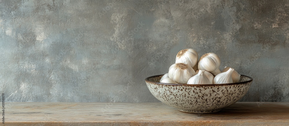 Garlic bulbs arranged in a textured ceramic bowl on a wooden surface against a soft grey backdrop highlighting healthy eating concepts. Garlic bulbs arranged in a textured ceramic bowl on a wooden surface against a soft grey backdrop highlighting healthy eating concepts.