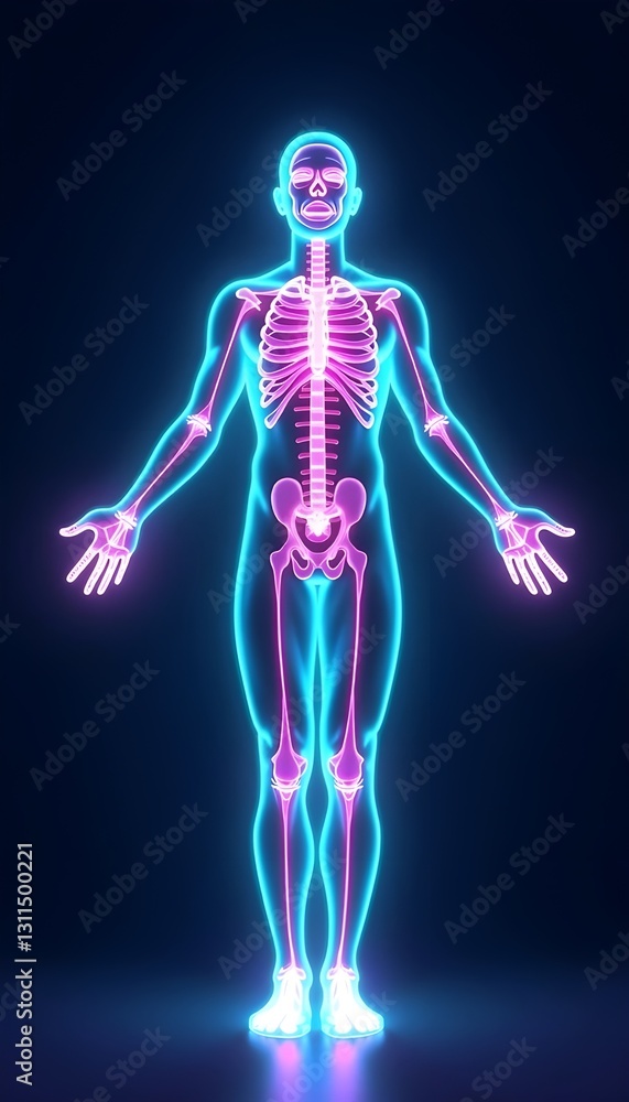 A futuristic neon 3D hologram of a full-length human body stands against a vibrant blue background, offering a digital and innovative representation of human anatomy and technology.