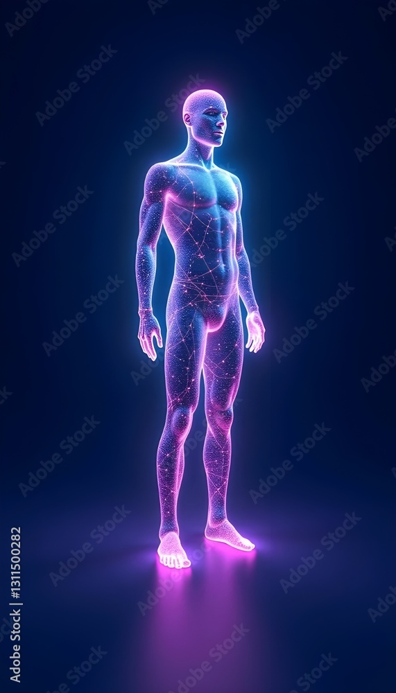 A futuristic neon 3D hologram of a full-length human body stands against a vibrant blue background, offering a digital and innovative representation of human anatomy and technology.