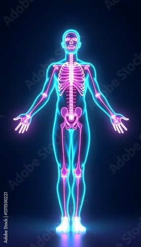 Obraz na płótnie A futuristic neon 3D hologram of a full-length human body stands against a vibrant blue background, offering a digital and innovative representation of human anatomy and technology.
w salonie
