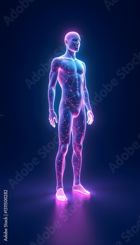 A futuristic neon 3D hologram of a full-length human body stands against a vibrant blue background, offering a digital and innovative representation of human anatomy and technology.
