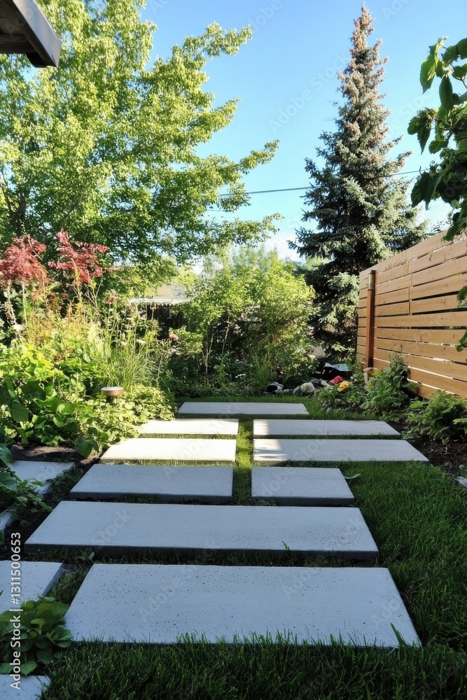 Obraz premium A charming garden pathway, beautifully adorned with stepping stones, winds its way through vibrant greenery, all under a bright, sunny sky