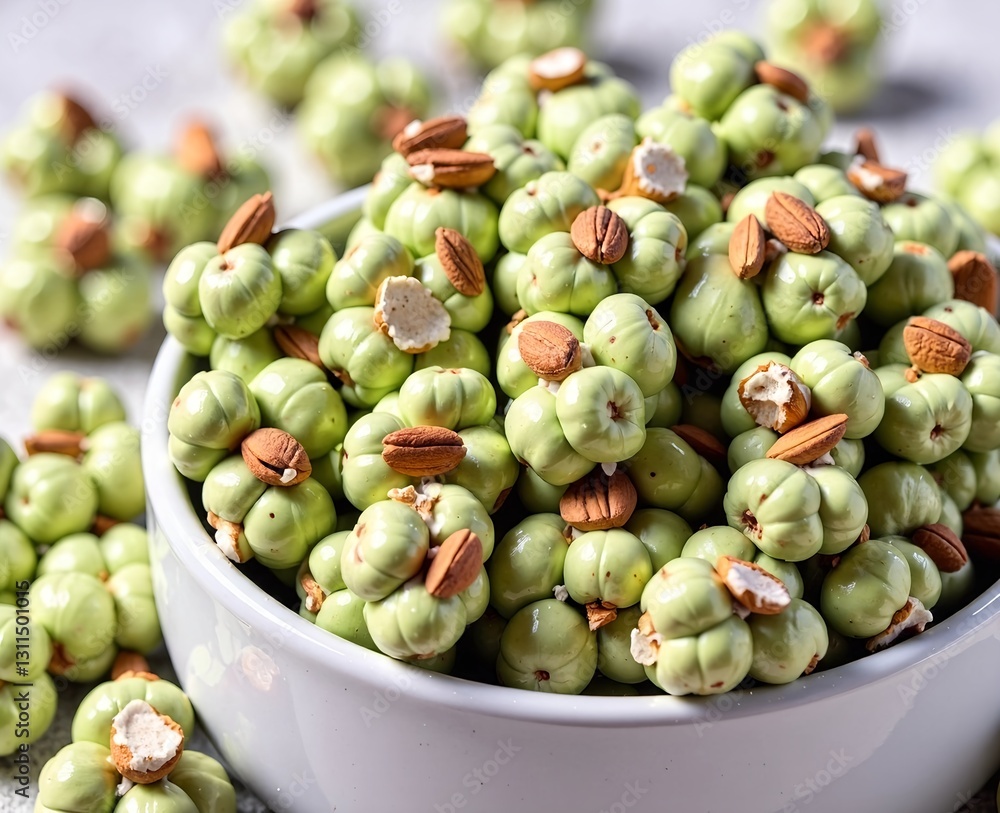 Matcha green tea popcorn in a white ceramic bowl, sprinkled with crushed almonds. Generative AI Matcha green tea popcorn in a white ceramic bowl, sprinkled with crushed almonds. Generative AI