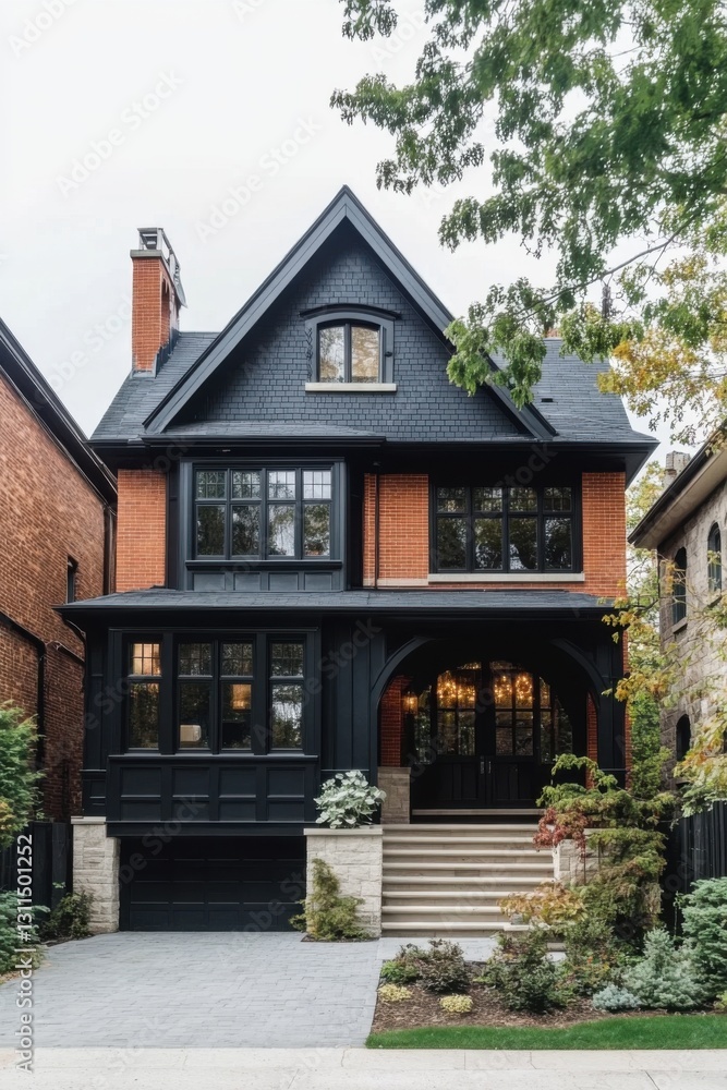 This contemporary house features a striking combination of black and brick accents, complemented by a beautifully landscaped front yard, all nestled within an urban neighborhood.