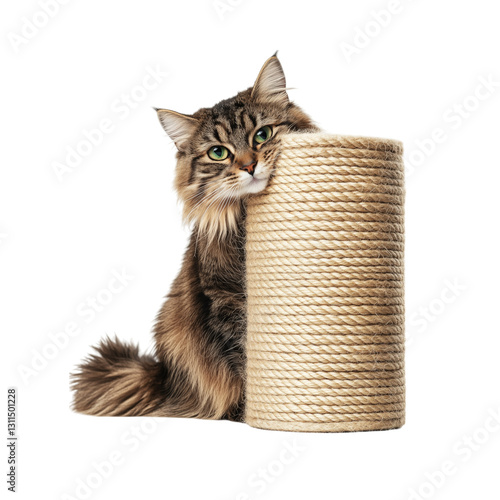 Photography Fluffy cat resting by a scratching post isolated on white background