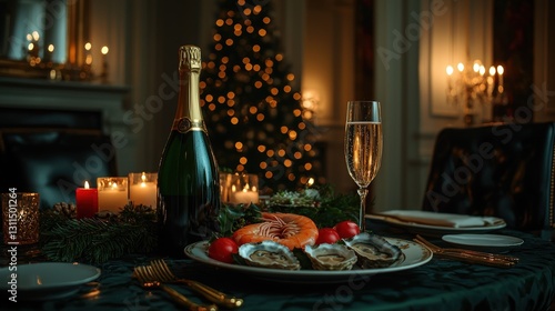 Festive Christmas seafood dinner with champagne. photo