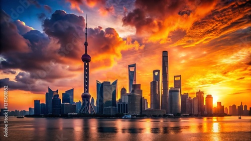 Shanghai Downtown Silhouette Skyline at Sunset - Dramatic Cityscape
