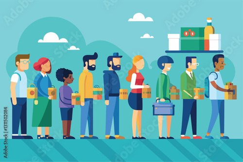 A diverse line of individuals holding boxes and bags waits patiently for service at an outdoor market, Queue Customizable Semi Flat Illustration
