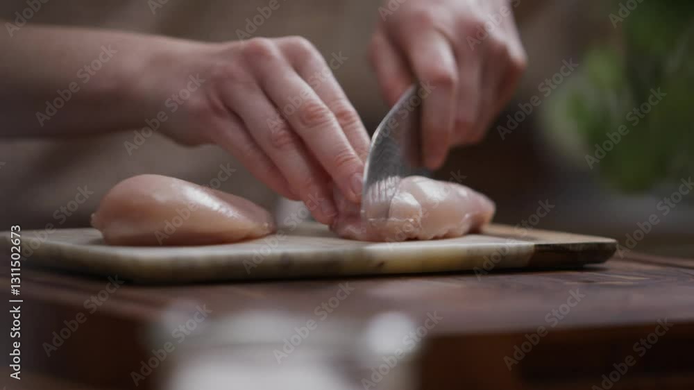 Frau schneidet Hühnchen mit Messer in Küche auf Steinplatte