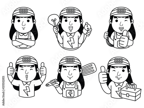 woman electrician cartoon character line art