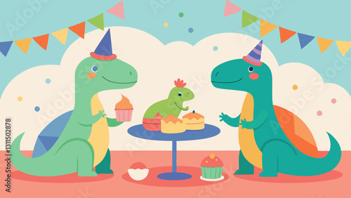 Whimsical Ambience A playful illustration where a group of dinosaurs is seated on oversized cushions enjoying a cozy tea party under a colorful canopy of ribbons and streamers.
