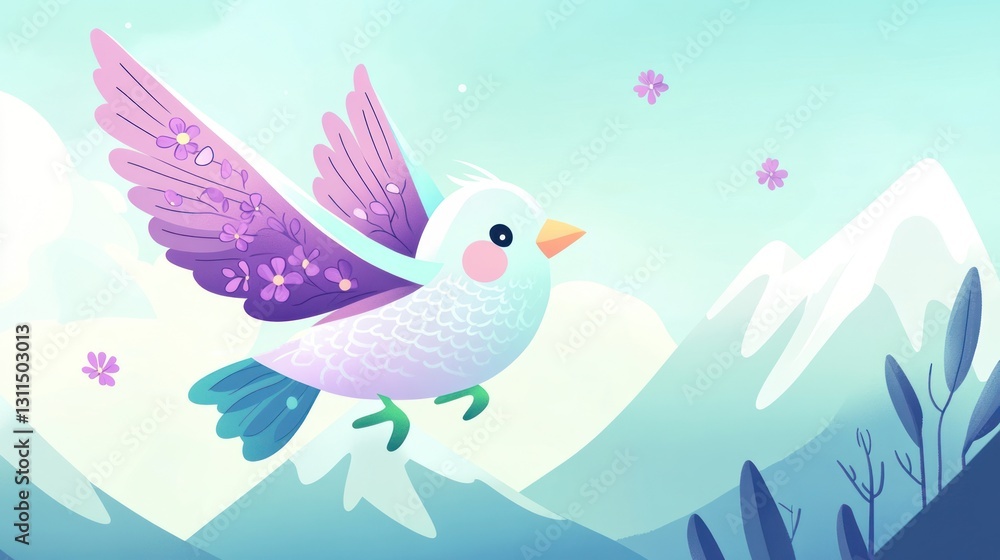 Pastel bird flying mountains spring floral greeting card