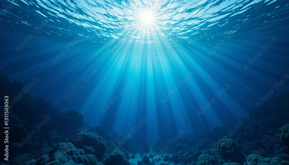 Naklejka premium Sunlights Ethereal Dance Through Ocean Depths, Illuminating A Serene Underwater World Of Coral And Mystery, A Vibrant Blue Canvas Painted With Natures Light
