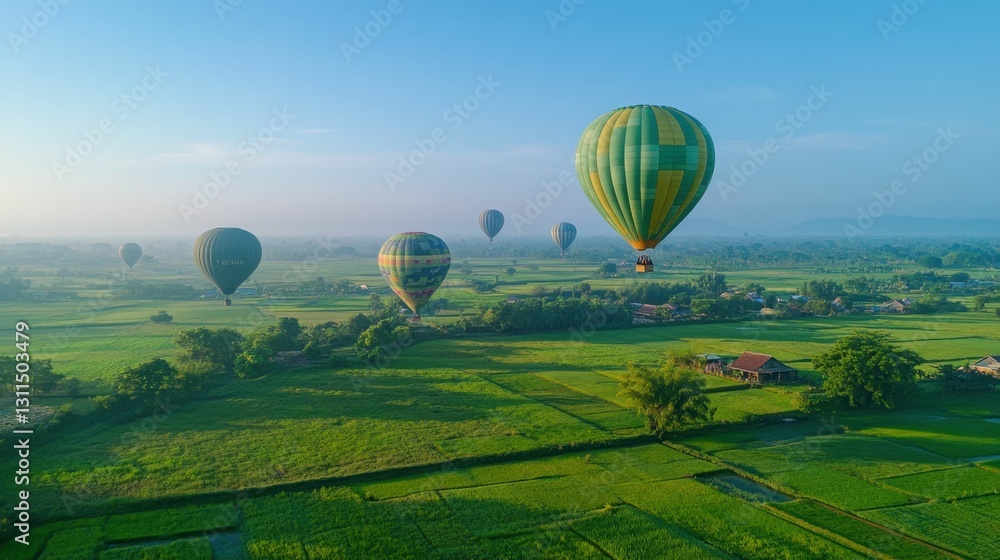 Naklejka premium Scenic view of hot air balloons floating over green pastures and farmland, vibrant natural colors, clear blue sky, serene and picturesque