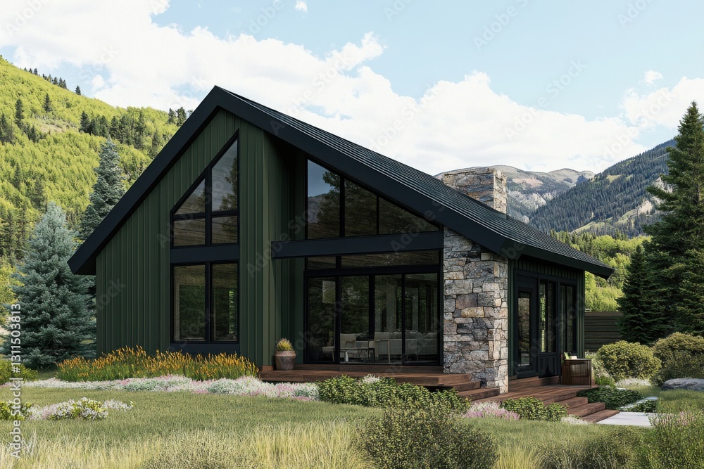 Modern cabin design nestled in a breathtaking mountain landscape, surrounded by lush greenery and enhanced by elegant stone features Modern cabin design nestled in a breathtaking mountain landscape, surrounded by lush greenery and enhanced by elegant stone features