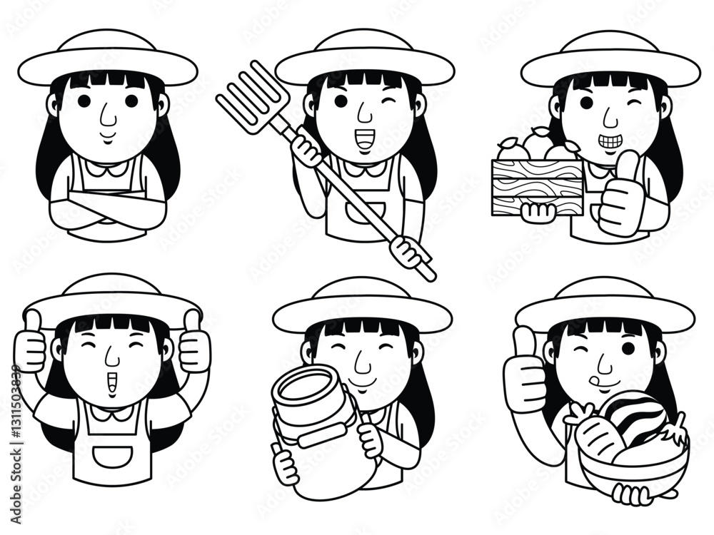 Obraz premium woman farmer cartoon character line art
