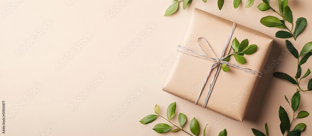 Eco-friendly gift wrapping with a beige package neatly tied with twine, adorned with green leaves on a soft cream background, creating a natural vibe. Eco-friendly gift wrapping with a beige package neatly tied with twine, adorned with green leaves on a soft cream background, creating a natural vibe.