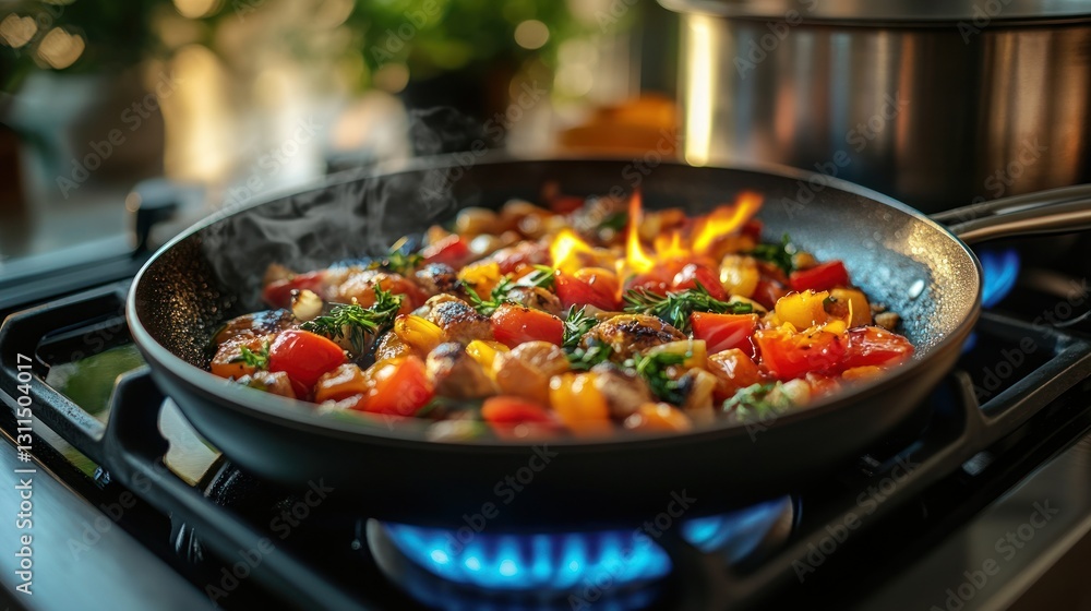 Frying vegetables and chicken in a pan on a stove Frying vegetables and chicken in a pan on a stove