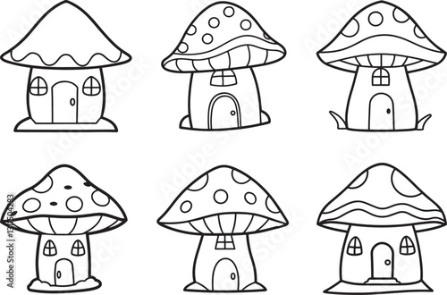 set of mushroom house line art, black outline, vector and illustration, coloring book page line art drawing