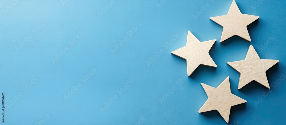 Wooden stars arranged playfully on a vibrant blue background creating a festive New Year atmosphere with minimalistic appeal Wooden stars arranged playfully on a vibrant blue background creating a festive New Year atmosphere with minimalistic appeal