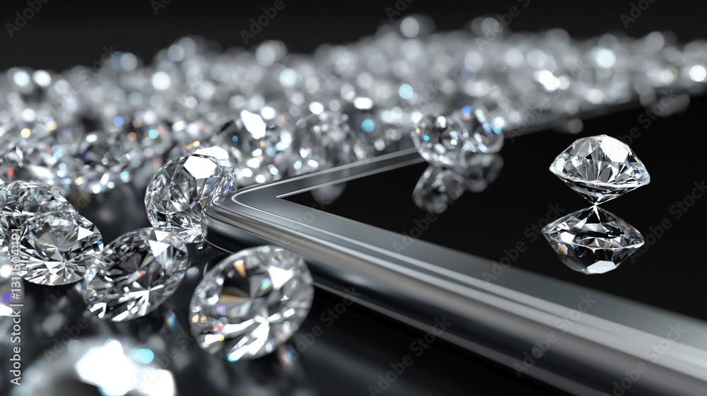 Scattered diamonds on a reflective surface with brilliant sparkles. Scattered diamonds on a reflective surface with brilliant sparkles.