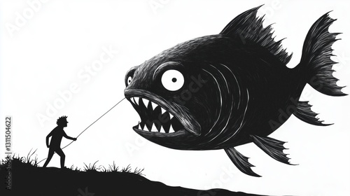 Proud Fisherman with Giant Catch: Bold Etching, Humorous B&W Image