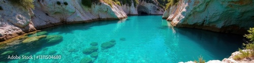 Crystal clear water plunges into turquoise basin, summer, turquoise lake, calm