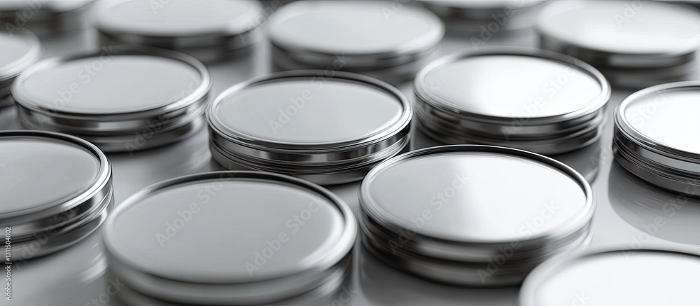 Close up view of shiny metal lithium button cell batteries arranged on a white background showcasing circular shapes and reflective surfaces