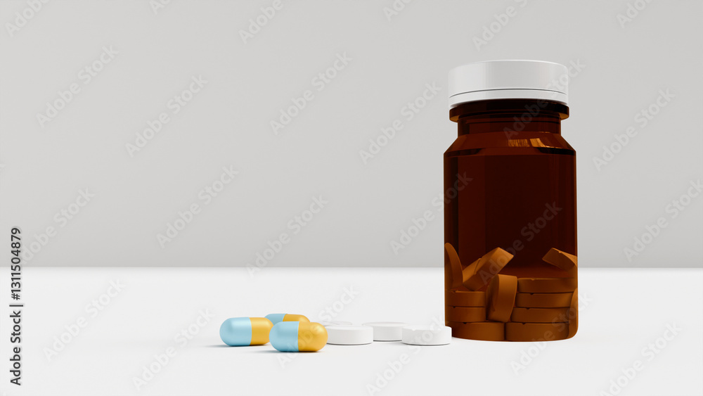 Capsules in the colors of the Ukrainian flag and white tablets and a bottle of medicine next to it on a white background, medicines Capsules in the colors of the Ukrainian flag and white tablets and a bottle of medicine next to it on a white background, medicines