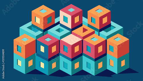 Tessellated Cube City A cityscape made entirely of interlocking cubes with various sections protruding outward at impossible angles. Each cube contains a small dwelling with
