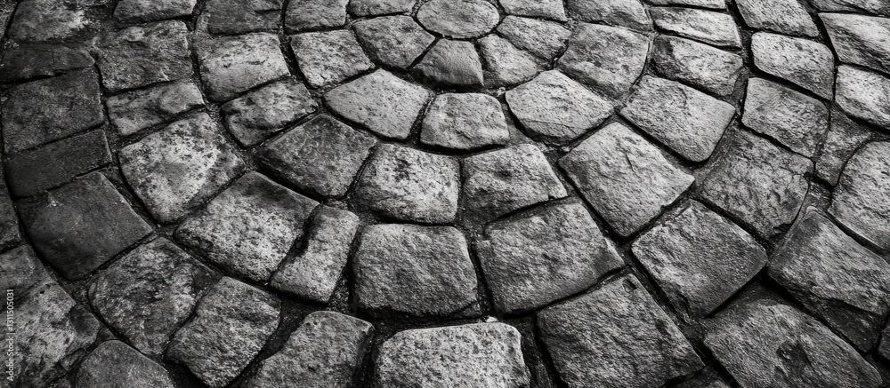Cobblestone pavement texture in a radial design featuring black and white shades with rustic stone patterns and ample copy space in the center Cobblestone pavement texture in a radial design featuring black and white shades with rustic stone patterns and ample copy space in the center