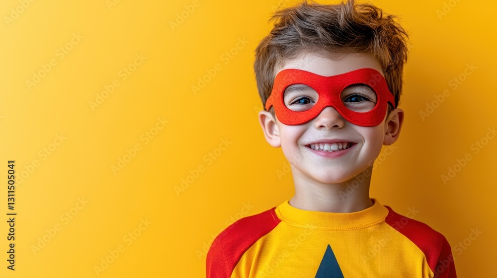Young boy wearing a colorful superhero mask while playing in a bright outdoor setting Young boy wearing a colorful superhero mask while playing in a bright outdoor setting