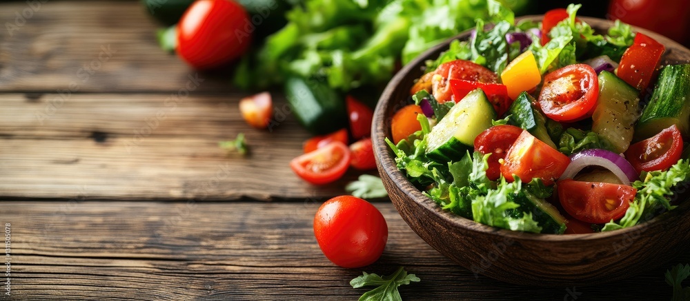 Fresh vibrant vegetable salad in a wooden bowl on a rustic wooden table with cherry tomatoes, cucumber, and mixed greens against a green backdrop. Fresh vibrant vegetable salad in a wooden bowl on a rustic wooden table with cherry tomatoes, cucumber, and mixed greens against a green backdrop.