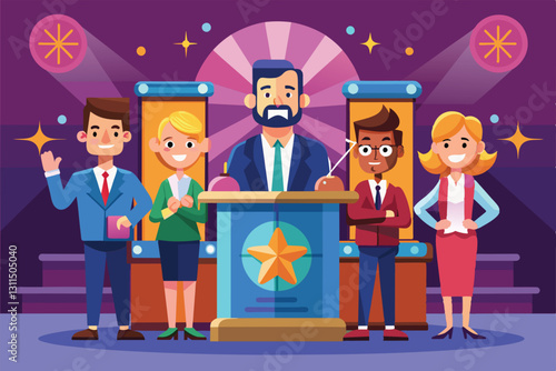 Contestants engage with the host at a vibrant quiz show, highlighting excitement and teamwork during the game, Quiz show Customizable Disproportionate Illustration